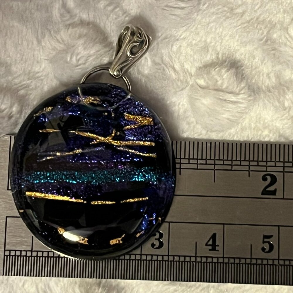 Marian Fieldson Blue, Purple & Gold Dichroic Glass Pendant – 1¼” Round - Picture 6 of 6